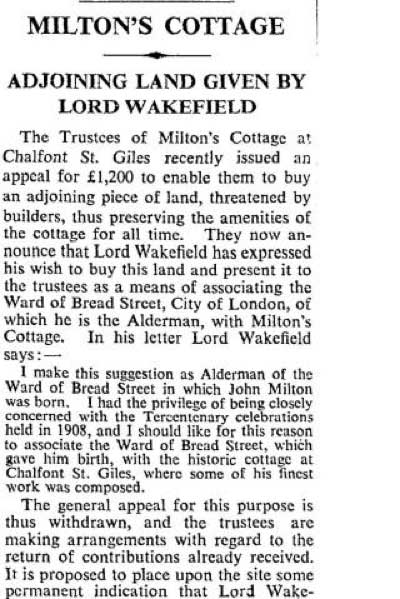 The Times’s report in 1936 - Milton Cottage Adjoining Land Given By Lord Wakefield