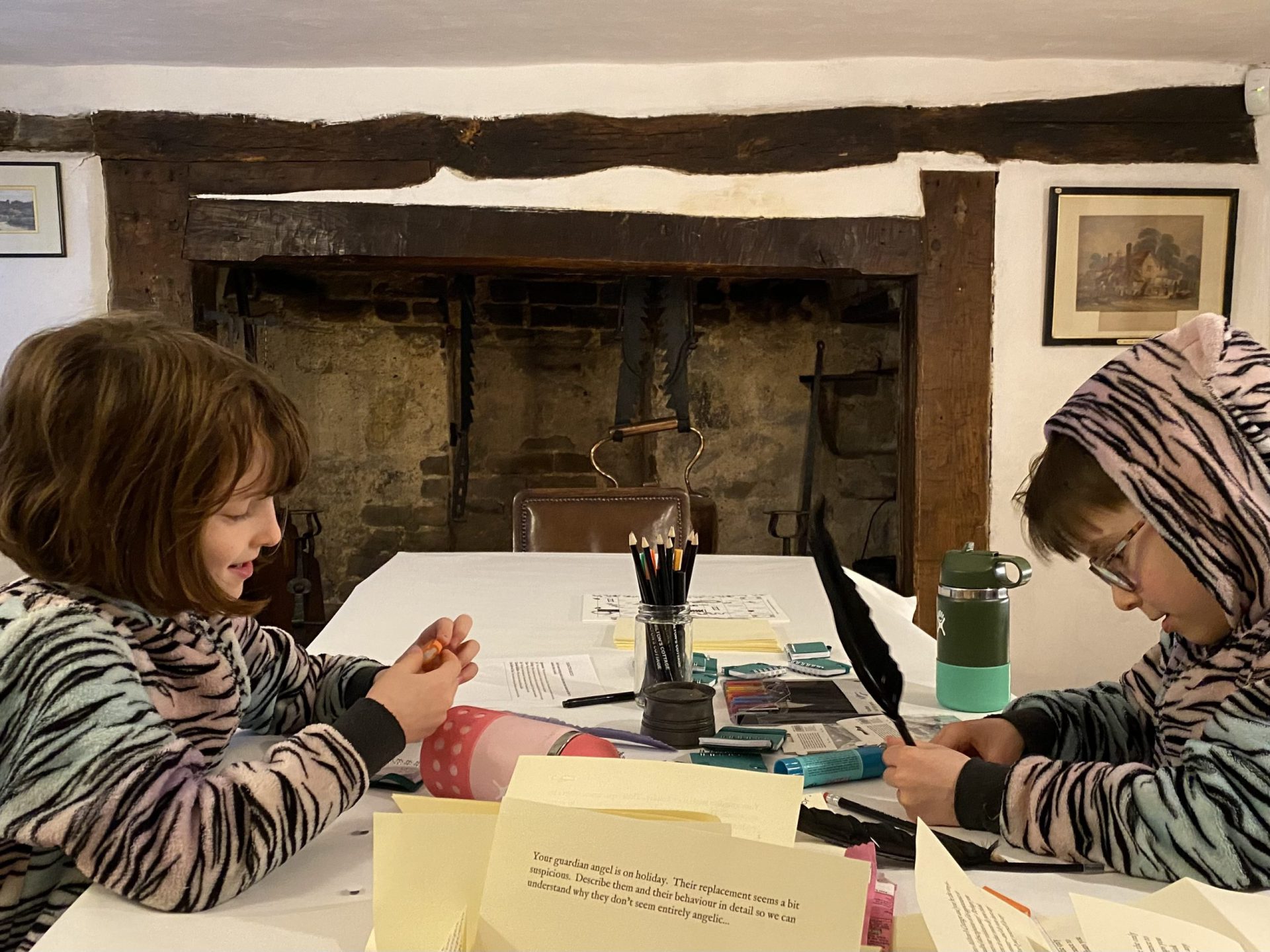 Two children, dressed in tiger striped one-sies, writing in the kitchen at Milton's Cottage